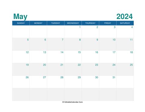 May 2024 Calendar Printable Template Pdf Emmi Norine