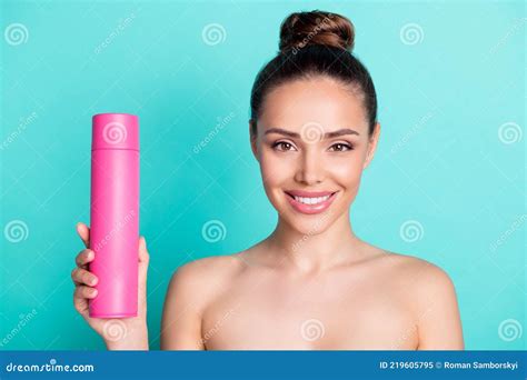 Portrait Of Attractive Naked Nude Cheerful Girl Holding In Hand Pink