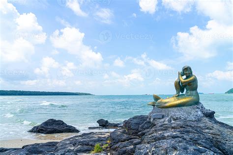 Golden Mermaid Statues On Samila Beach Landmark Of Songkla In Thailand