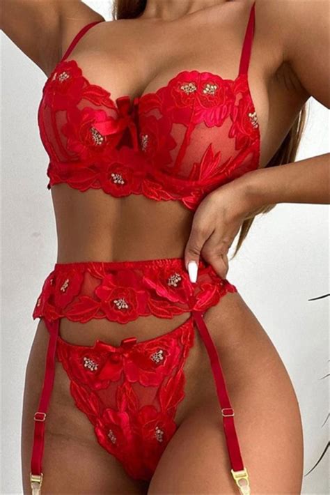 sexy summer flower embroidery garter design 3 pc set lingerie with steel rings always attract