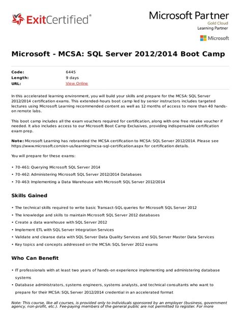 Mcsa Sql Server 20122014 Boot Camp Pdf Microsoft Sql Server Databases