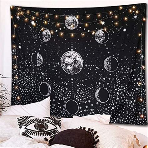 Neasow Moon Phase Tapestry Wall Hanging Black And White Stars Starry Night Sky Universe
