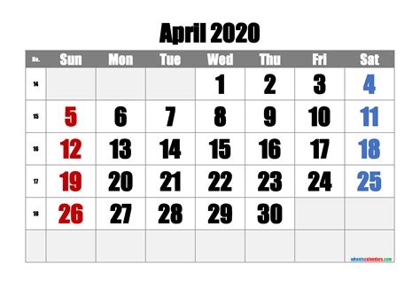 Free Printable April 2020 Calendar With Week Numbers