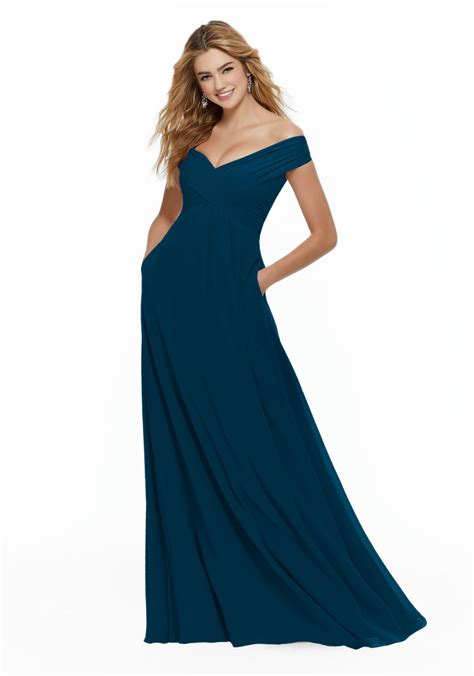 Chiffon Bridesmaid Dress With Classic Off The Shoulder Neckline
