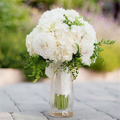 White Hydrangea Dahlia And Fern Bouquet Via 100lc