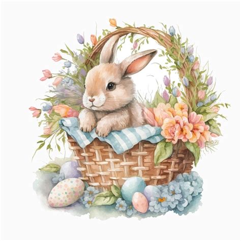 Premium Vector A Bunny In A Basket With Flowers And Easter Eggs