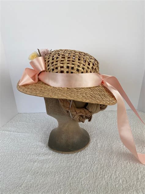 1860s Ladies Straw Hat With Flowers Pink Ribbons Etsy