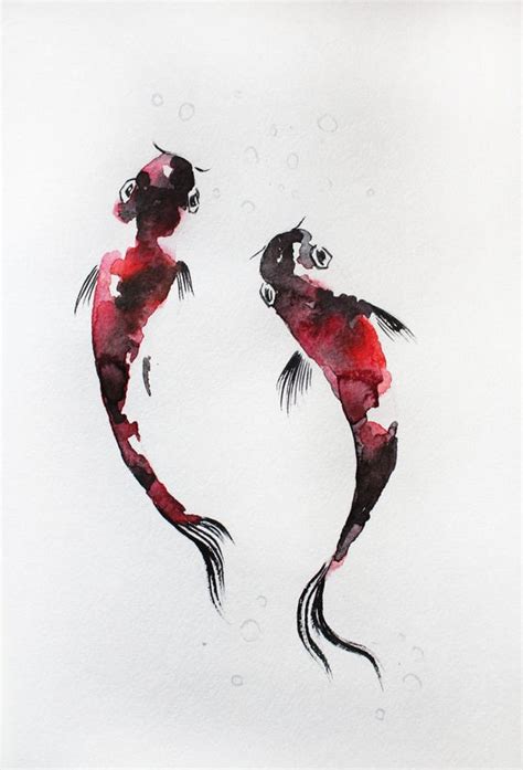 Original Watercolor Painting Two Koi Fish Gold Fish Sea