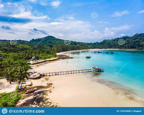 Beautiful Aerial View Of Beach And Sea With Coconut Palm Tree Stock