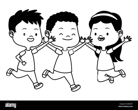 Cute Happy Kids Having Fun In Black And White Stock Vector Image And Art