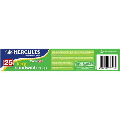 Hercules Click Zip Sandwich Bags Large Resealable Twin 25pk Woolworths