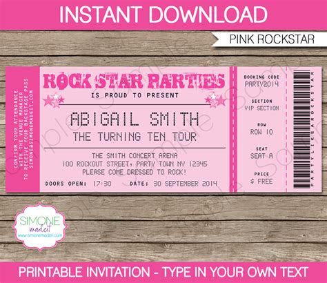 rockstar birthday party ticket invitations template pink