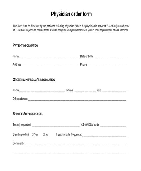 Printable Physician Order Form Template