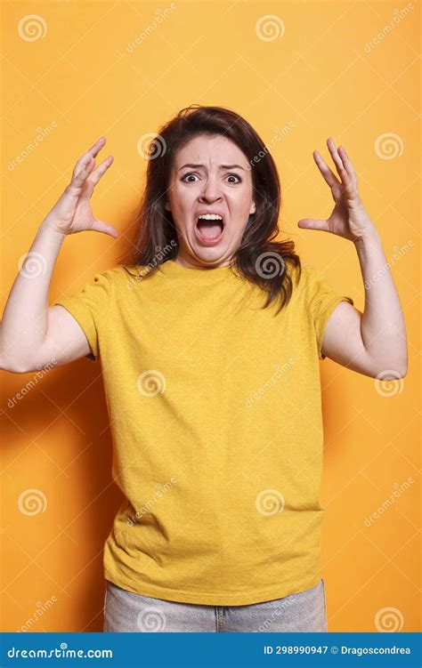 Angry Woman Screams And Raises Her Arms Stock Image Image Of