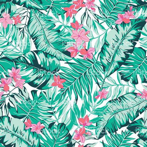 Vector Seamless Bright Green Tropical Paradise Pattern With Flowers