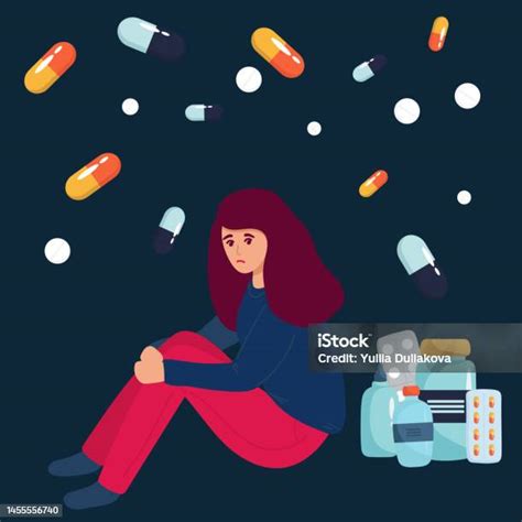 Drug Addicted Girl Sitting On Huge Pill Flat Vector Illustration Woman