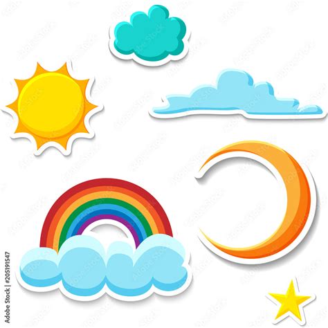Sun Moon Star Clouds Rainbow Stickers Isolated On White Stock
