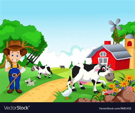 Farm Background With Farmer And Animals Royalty Free Vector