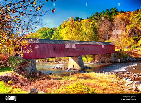 A Iconic West Cornwall Covered Bridge Spanning The Houstanic River In