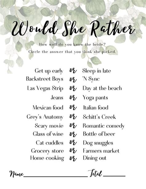 Would She Rather Bridal Shower Game Free Printable Free Printable Templates