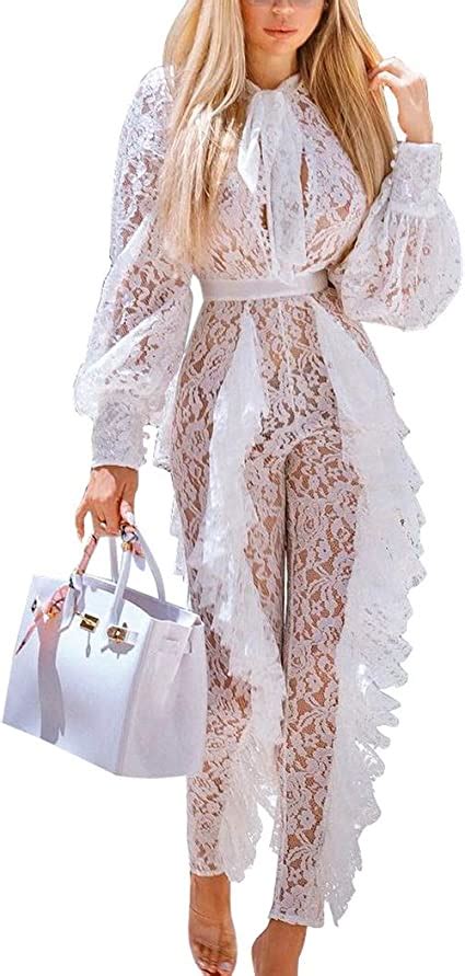 Hanmax Women Sexy White Lace Jumpsuit Sheer Long Sleeve Floral Ruffles