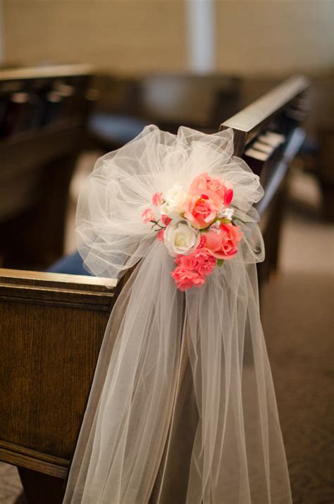 Mason jars, bows, tulle, kissing balls, pomanders, aisle markers. Wedding Aisle Decoration Pew Bow Coral Flowers Pink White Set