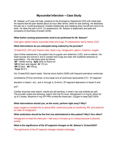 Cardiac Cath Case Study Myocardial Infarction Case Study Mr