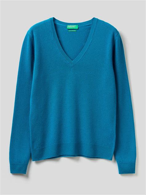 Teal V Neck Sweater In Pure Virgin Wool
