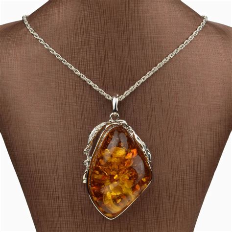 Large Drop Baltic Faux Amber Chain Yolk Resin Silver Plated Necklace Pendant