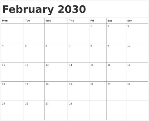 February 2030 Calendar Template