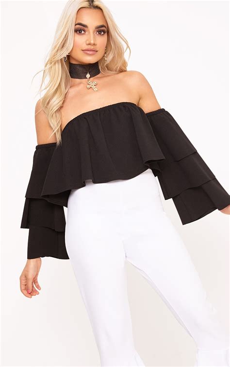 Black Bardot Layered Frill Sleeve Crop Top Prettylittlething