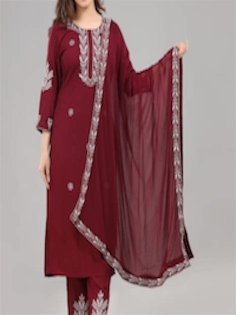 Buy KALINI Women Maroon Embroidered Kurta With Trouser & With Dupatta
