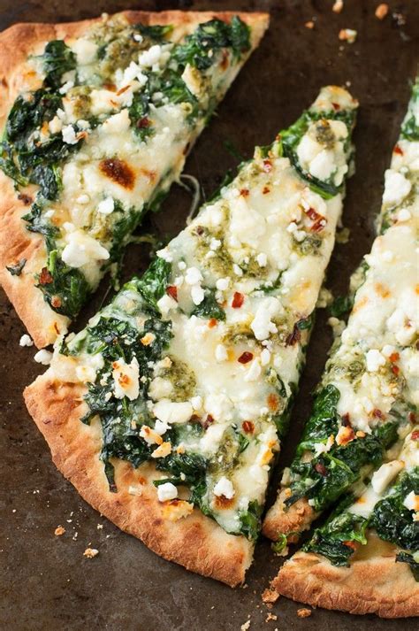 Chop spinach and mince garlic. Three Cheese Pesto Spinach Flatbread Pizza | Recipe ...