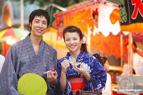 Young Japanese Couple Wearing Yukata Stock Photo
