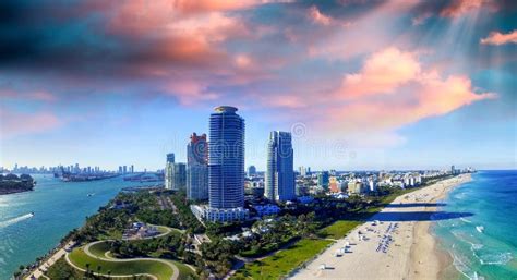 Miami Beach Florida Beautiful Panoramic Aerial View At Sunset Stock