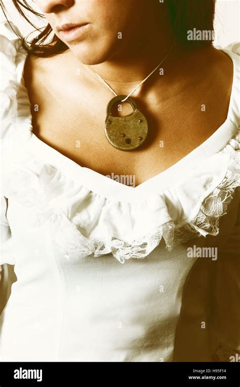 Woman Wearing A Vintage Padlock As A Necklace Stock Photo Alamy