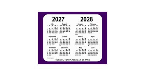 2027 2028 Purple Mini School Year Calendar By Janz Postcard
