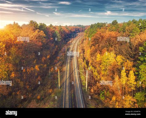 Aerial View Of Beautiful Railroad In Autumn Forest At Sunset Stock