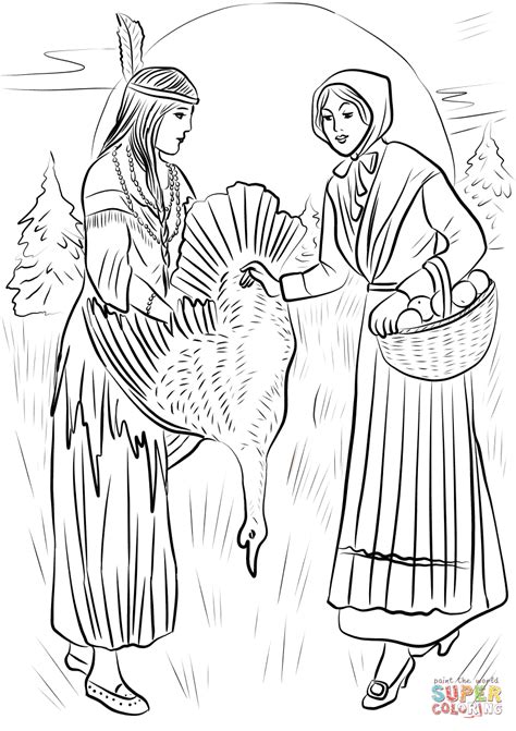 Native American Woman Sharing Turkey With Pilgrim Woman Coloring Page