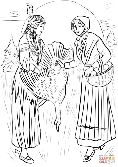 Native americans are studied in november during native american history month, when the european settlers came and had the first thanksgiving. Native American Woman Sharing Turkey with Pilgrim Woman ...