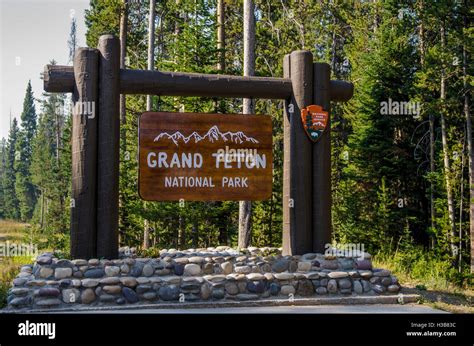 Grand Teton National Park Entrance Welcome Sign Wyoming Usa Stock