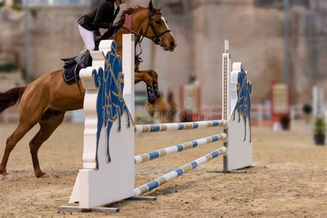 Horse Jumping An Obstacle During An Equestrian Competition On Blurred