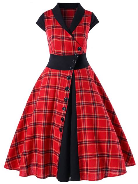Vintage Dresses Red Xl Vintage Shawl Collar Plaid Pin Up Dress Gamiss Robe à Carreaux