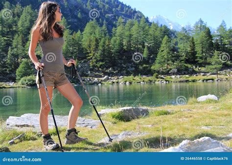 Hiking Girl Looks At Alpine Lake Royalty Free Stock Photos Image