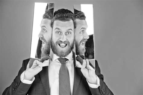 Happy Face Of Bearded Hipster Man Businessman Reflecting In Mirror