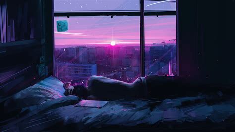 A Person Laying On A Bed In Front Of A Window Looking Out At The City