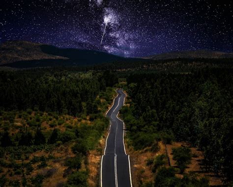Nature Landscape Starry Night Road Milky Way Galaxy Forest