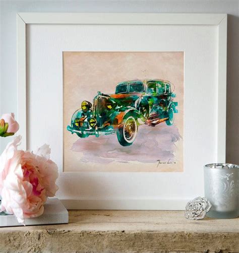 Vintage Car Watercolor Painting Old Car Wall Art Old Car Decor