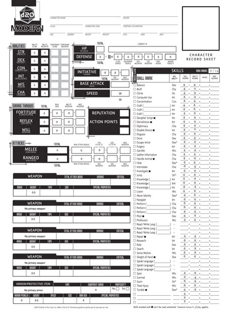 D20 Modern Character Sheet Fillable Fill Out And Sign Online Dochub