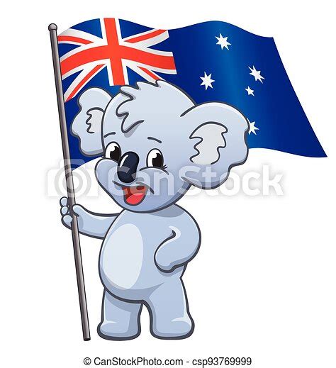 Cute Smiling Happy Koala Holding Australian Flag Cute Smiling Happy Cartoon Koala Character